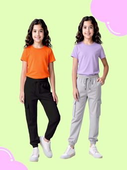 Nusyl - Girl Black & Grey Solid Cargo Joggers (Pack of 2)