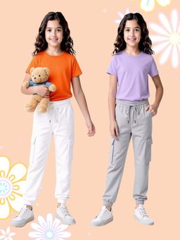 Nusyl - Girl White and Gray Solid Cargo Joggers (Pack of 2)