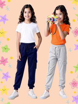 Nusyl - Girl Gray and Navy Blue Solid Cargo Joggers (Pack of 2)