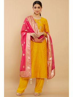 Soch - Women Mustard Organza Embroidered Unstiched Dress Material (Set of 3)