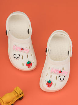 Yellow Bee - Fun Panda & Strawberry Charm Clogs with HAPPY Design - White