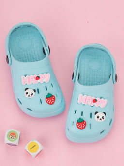 Yellow Bee - Fun Panda & Strawberry Charm Clogs with HAPPY Design - Light Blue