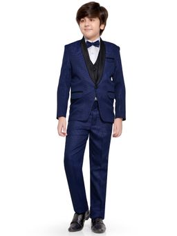 Jeetethnics - Boys Navy Coat Suit With Waistcoat Shirt And Trousers (Set of 5)