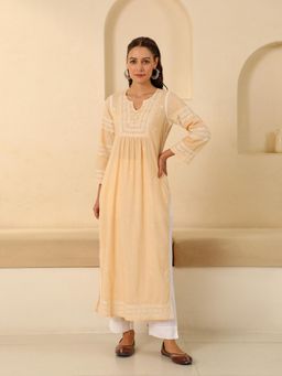 House of Chikankari - Womens Woven Pure Cotton Chikankari Kurta-Beige