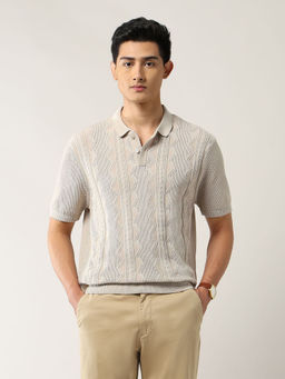 Arrow Newyork - Men Beige Cotton Collar Neck Regular Fit Polo T-Shirt