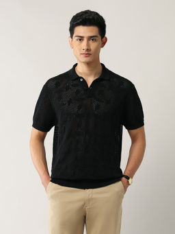 Arrow Newyork - Men Black Cotton Collar Neck Regular Fit Polo T-Shirt
