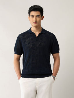 Arrow Newyork - Men Navy Blue Cotton Collar Neck Regular Fit Polo T-Shirt