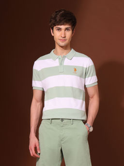 U.S. POLO ASSN. - Men Green Cotton Collar Neck Slim Fit Polo T-Shirt