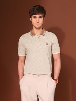 U.S. POLO ASSN. - Men Beige Cotton Collar Neck Slim Fit Polo T-Shirt