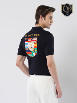 U.S. POLO ASSN. - Men Blue Cotton Collar Neck Slim Fit Polo T-Shirt