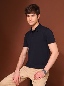 U.S. POLO ASSN. - Men Navy Blue Polyester Collar Neck Slim Fit Polo T-Shirt