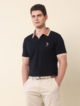 U.S. POLO ASSN. - Men Navy Blue Cotton Collar Neck Slim Fit Polo T-Shirt