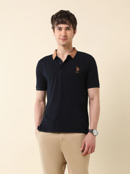 U.S. POLO ASSN. - Men Navy Blue Cotton Collar Neck Slim Fit Polo T-Shirt