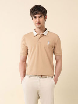 U.S. POLO ASSN. - Men Beige Cotton Collar Neck Slim Fit Polo T-Shirt