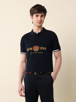 U.S. POLO ASSN. - Men Navy Blue Cotton Collar Neck Slim Fit Polo T-Shirt