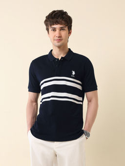 U.S. POLO ASSN. - Men Navy Blue Cotton Collar Neck Slim Fit Polo T-Shirt