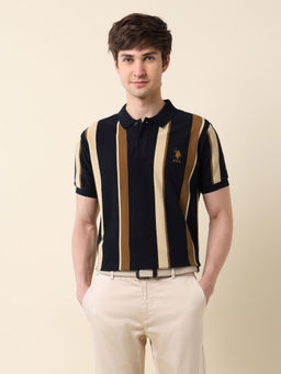 U.S. POLO ASSN. - Men Navy Blue Cotton Collar Neck Slim Fit Polo T-Shirt