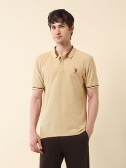 U.S. POLO ASSN. - Men Beige Cotton Collar Neck Slim Fit Polo T-Shirt
