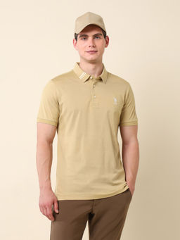 U.S. POLO ASSN. - Men Beige Cotton Collar Neck Slim Fit Polo T-Shirt