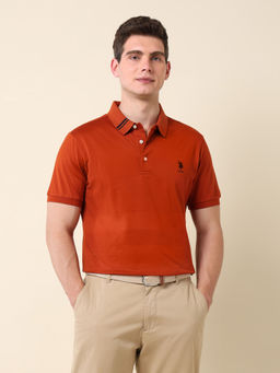 U.S. POLO ASSN. - Men Orange Cotton Collar Neck Slim Fit Polo T-Shirt