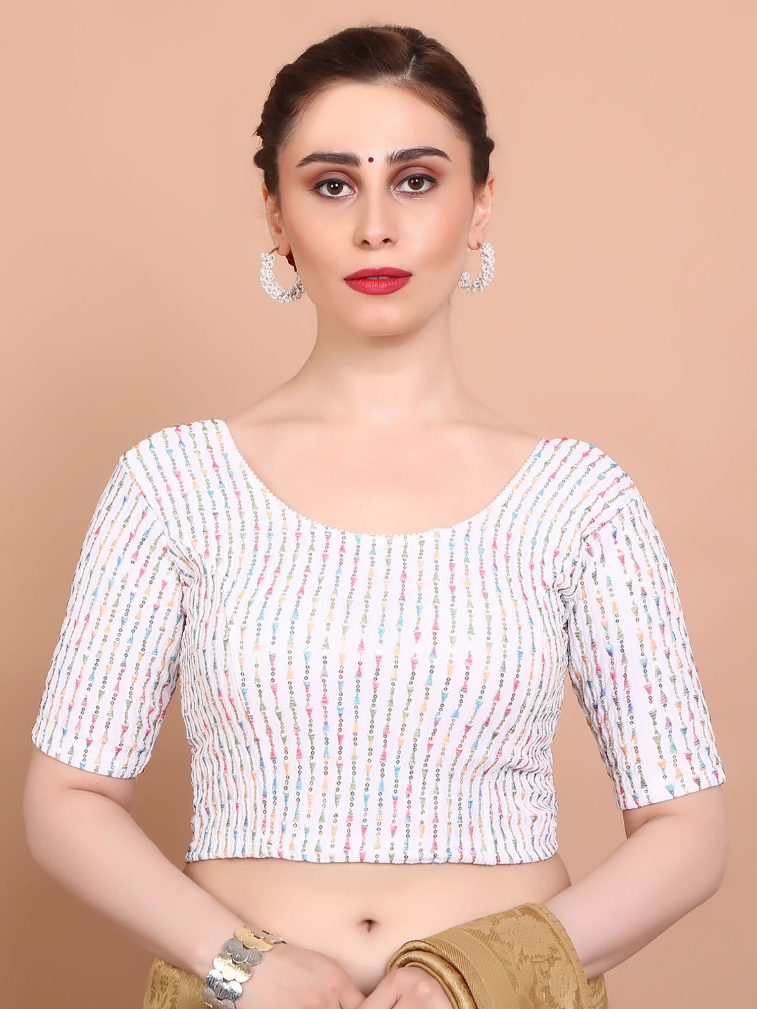 salwar studio White Lycra Embroidered Stretchable Stitched Blouse-picture-42