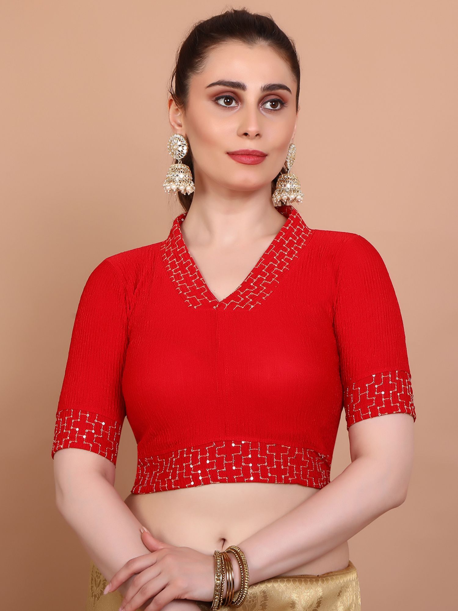 salwar studio Red Lycra Stretchable V Neck Non Padded Stitched Blouse-picture-14
