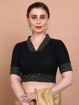 SALWAR STUDIO - Black Lycra Stretchable V Neck Non Padded Stitched Blouse