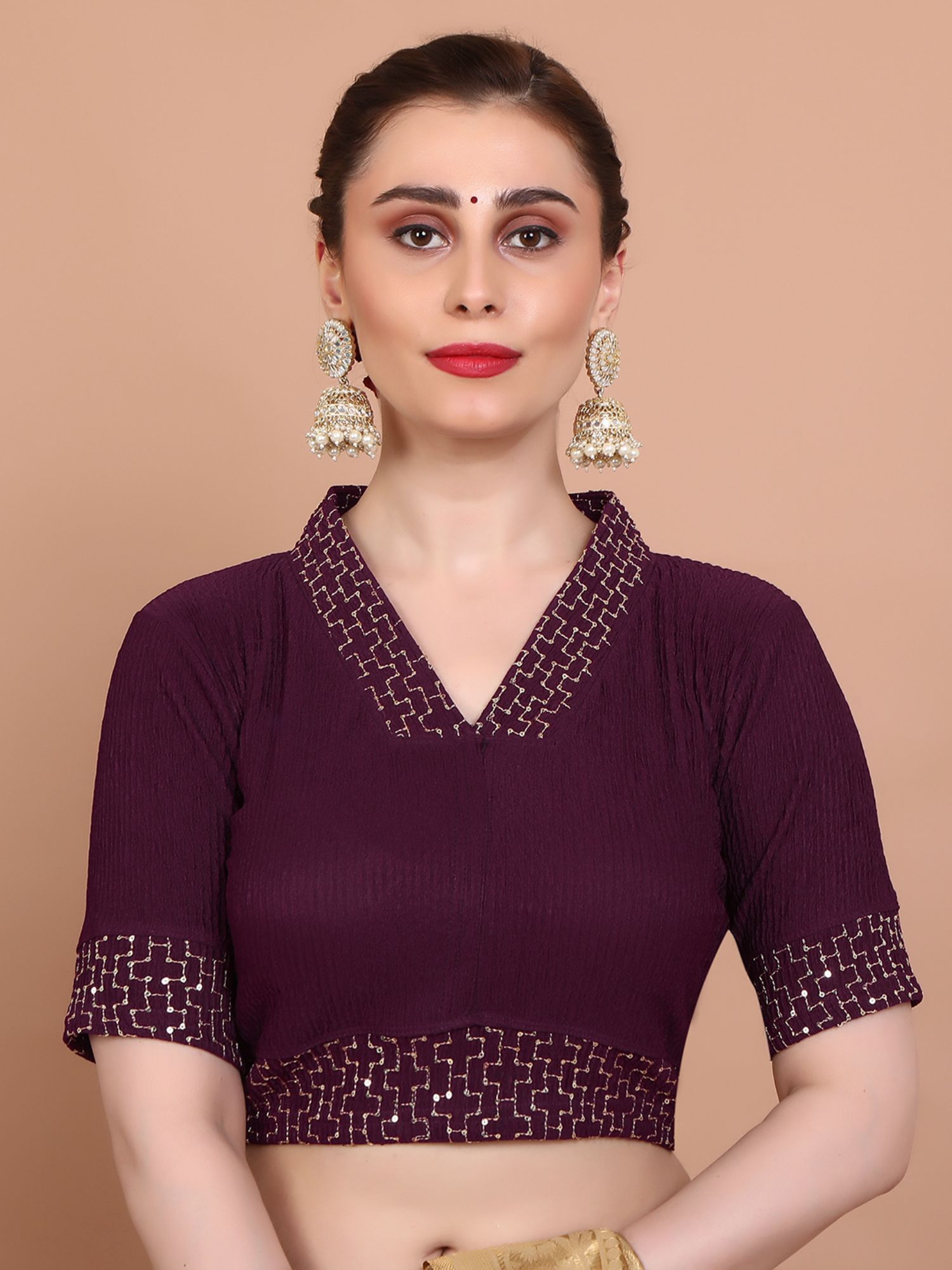 salwar studio Wine Lycra Stretchable V Neck Non Padded Stitched Blouse-picture-19