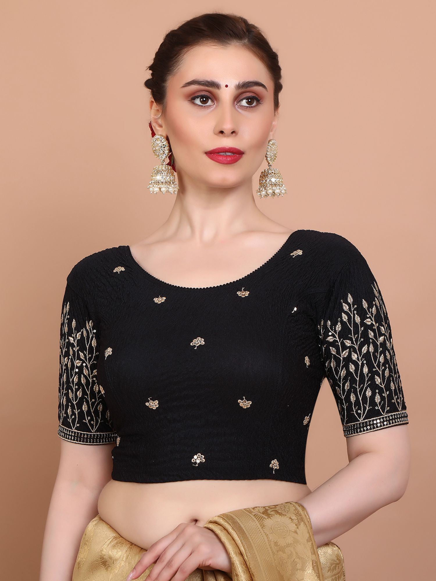 salwar studio Black Lycra Stretchable Non Padded Embroidered Stitched Blouse-picture-17