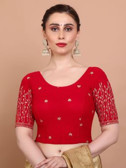 SALWAR STUDIO - Red Lycra Stretchable Non Padded Embroidered Stitched Blouse