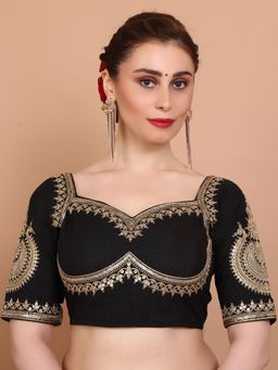 SALWAR STUDIO - Black Silk Sweetheart Neck Embroidered Alterable Stitched Blouse