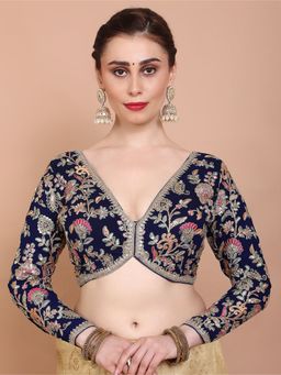 SALWAR STUDIO - Navy Blue V Neck Embroidered Alterable Stitched Blouse