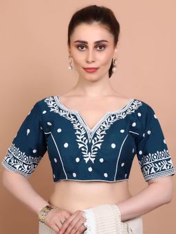 SALWAR STUDIO - Teal Cotton Embroidered Alterable Stitched Blouse