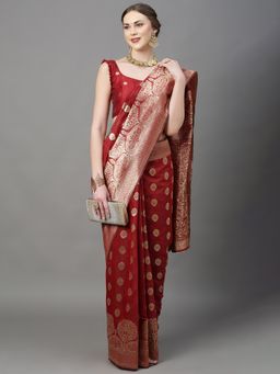 Akhilam - Womens Cotton Silk Maroon Woven Design Saree with Unstitched Blouse