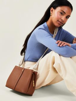 Accessorize London - Women Brown Faux Leather Webbing Strap Sling Bag with Detachable Strap