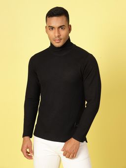 RIGO - Men Black Waffle Knit Turtle Neck T-Shirt