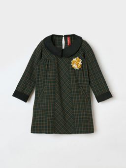 Blue Giraffe - Girls Green Checks Regular Fit Smocking At Waist A-Line Dress