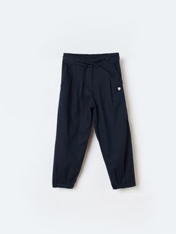 Blue Giraffe - Girls Navy Blue Solid Regular Fit Mid Rise Trouser with Belt