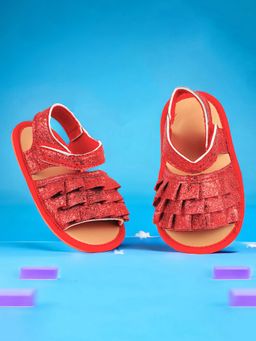 Baby Moo - Frilly Glitter Partywear Velcro Straps Anti-Skid Sandals - Red