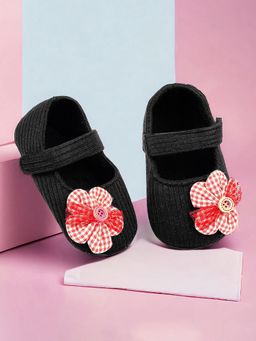 Baby Moo - Flower Button Velcro Strap Ribbed Anti-Skid Ballerina Booties - Black