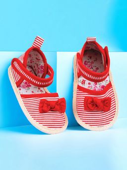 Baby Moo - Bow Knot Striped Velcro Straps Anti-Skid Sandals - Red