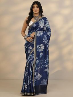 Libas - Women Navy Blue Floral Printed Silk Blend Saree with Unstitched Blouse