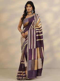 Libas - Women Purple Stripes Printed Silk Blend Saree with Unstitched Blouse
