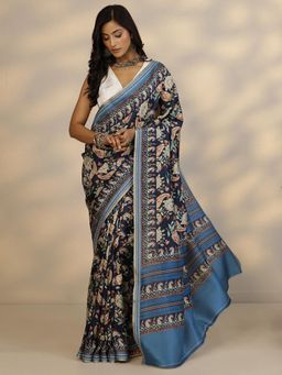 Libas - Women Navy Blue Floral Printed Silk Blend Saree with Unstitched Blouse