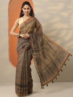Libas - Women Mustard Printed Silk Blend Saree with Unstitched Blouse