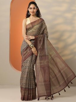 Libas - Women Brown Printed Silk Blend Saree with Unstitched Blouse