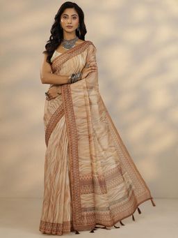 Libas - Women Beige Printed Silk Blend Saree with Unstitched Blouse