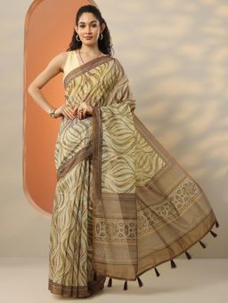 Libas - Women Beige Printed Silk Blend Saree with Unstitched Blouse