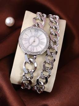 Haute Sauce - Women The Dual-Chain-Link Roman Round White Dial Analog Watch - HSWC1428 (M)