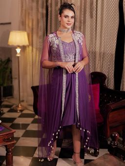 Libas Art - Purple Embellished Crop Top with Shrug and Skirt (Set of 3)